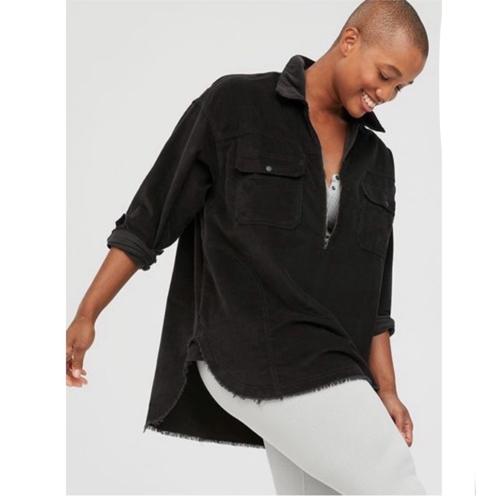 aerie Black Oversized Pullover Shirt with Chest Pockets